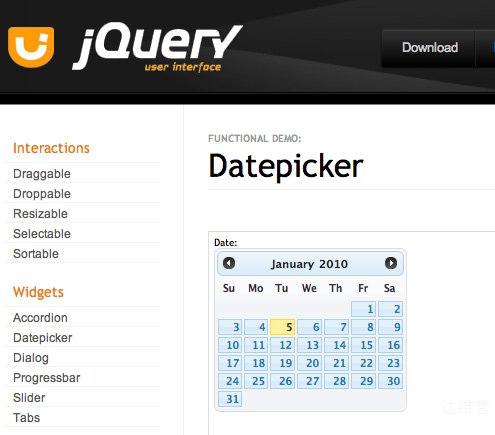 屏幕显示了 datepicker 例子，在 Datepicker 标题下还有一个日历。